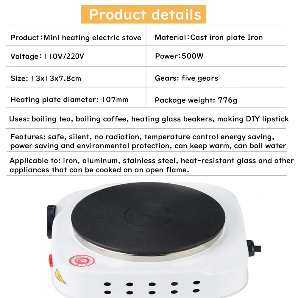 ポータブル鋳鉄電気テアウォーマー,調理用の鋳鉄製ホットプレート,ミニ調整可能な温度,コーヒーポット用の加熱バーナー,500W