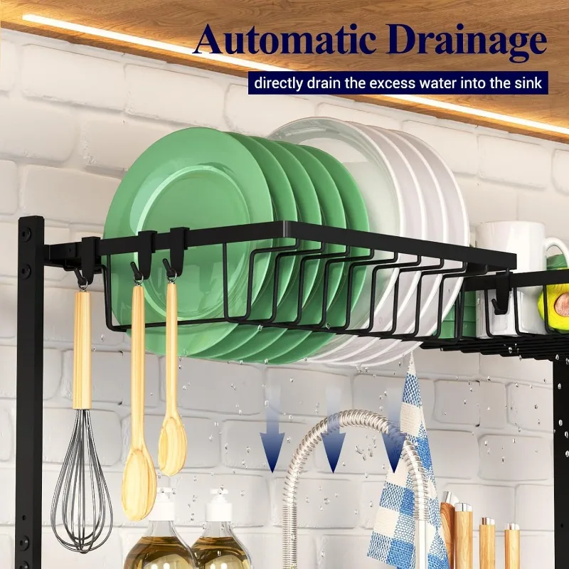 Over The Sink Dish Drying Rack - 30.0" to 33.9"x21.5", Adjustable Sink Drying Rack for Kitchen Sink with Large Capacity, 2-Tier