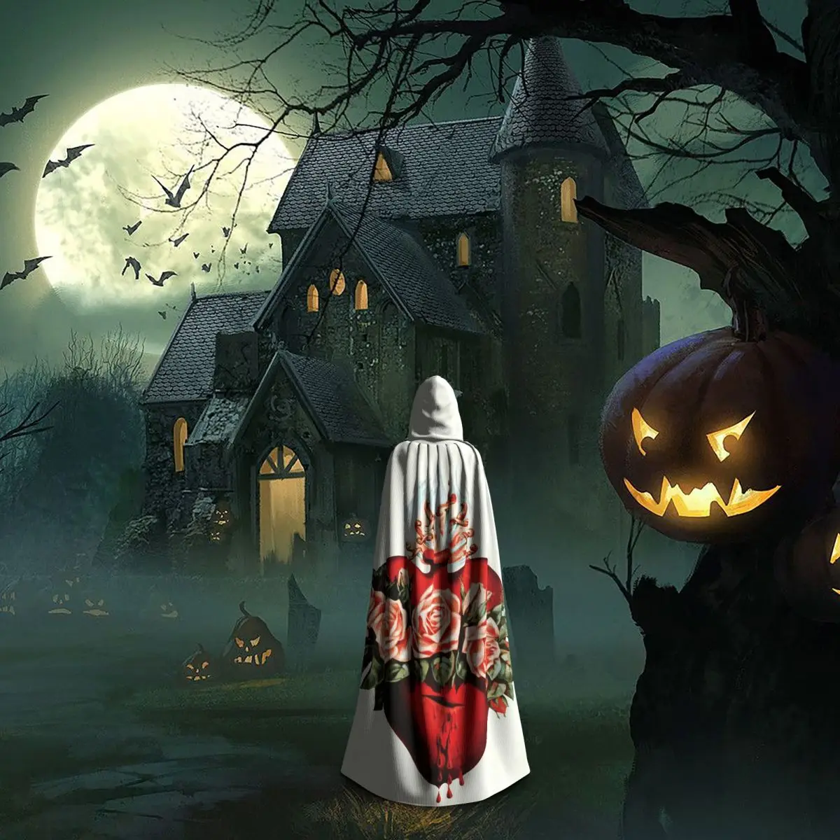 เสื้อคลุมยาวมีฮู้ดลายพระแม่มารี พระหฤทัยบริสุทธิ์ ชุดคอสเพลย์แม่มดยุคกลาง ผ้าคลุมฮาโลวีน แวมไพร์ สำหรับผู้ใหญ่ ทุกเพศ