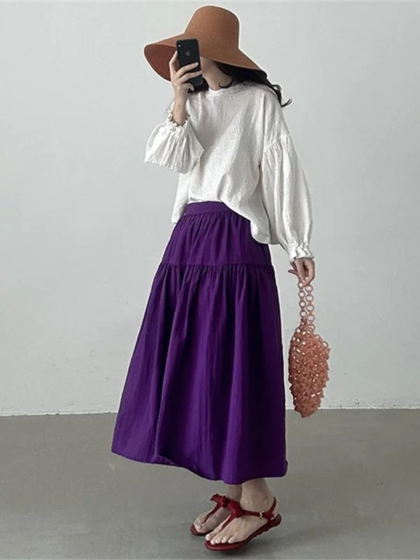 

Chic Vintage Mid-Length f Skirt Women's Loose Fit Elastic Ba Purple Skirt Versatile Commute Pure Color Summer 2025