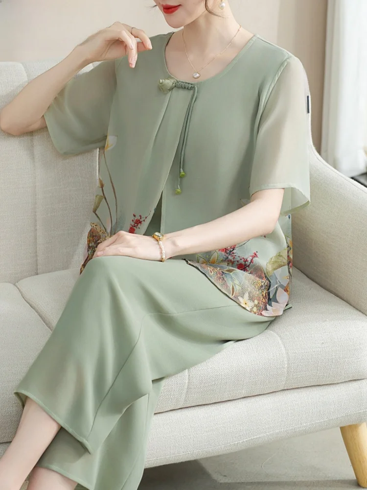 

Летний модный комплект одежды для мам 2025: Новинка, национальный тренд, шифоновый топ с коротким рукавом для женщин среднего и старшего возраста