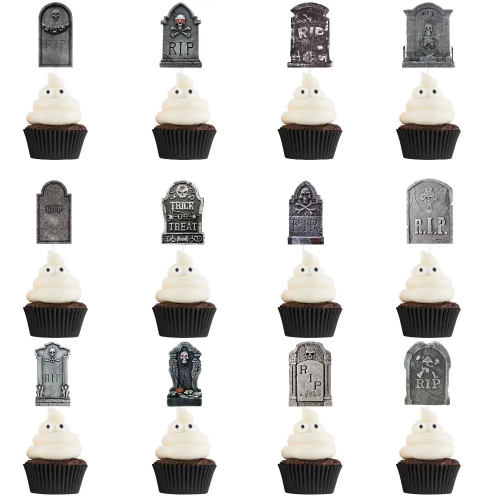 12pcs Paper Halloween Tombstone Cupcake Toppers Graveyard Black Cat Pumpkin Eyeball Various Styles Cake Flag Cake Decoration
