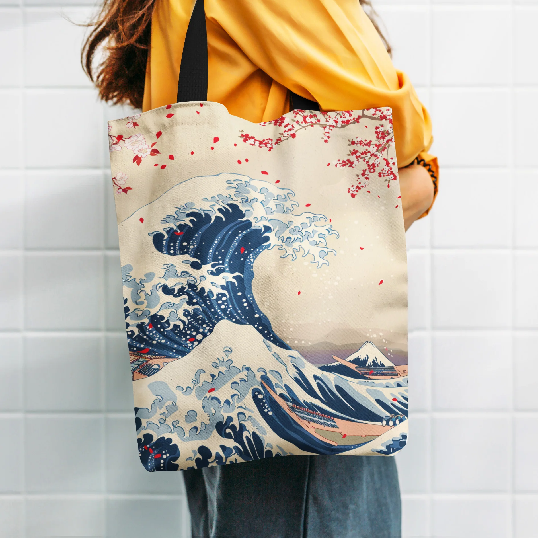 1pc Japanese Art Inspired Polyester Tote Bag, Durable Shoulder Bag with Ukiyo-e Wave Design, Reusable Shopping Bag