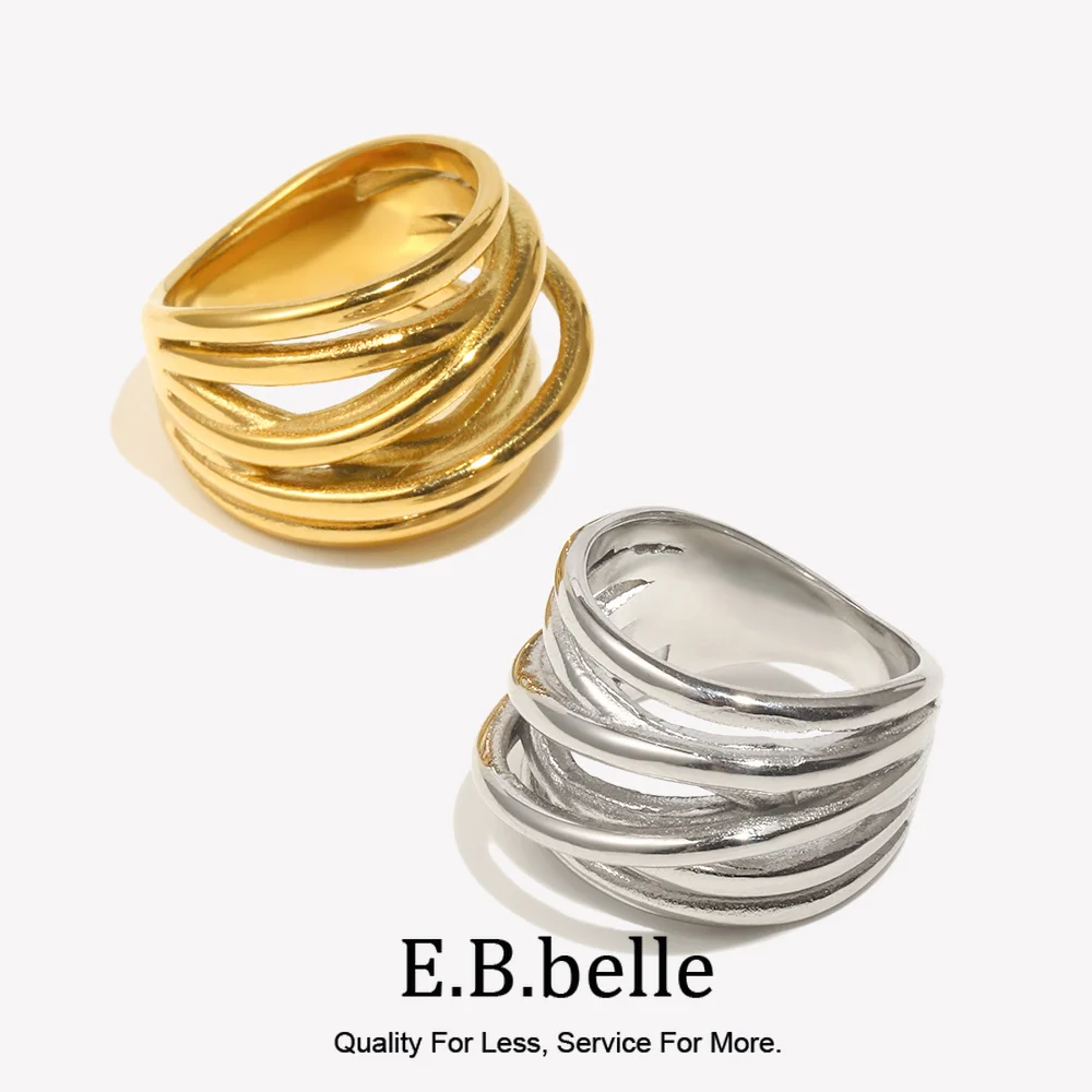 E.B.belle Irregular Woven Winding Closure Ring Waterproof Silver Color 316L Stainless Steel Accessories 18K Gold Plated Jewelry