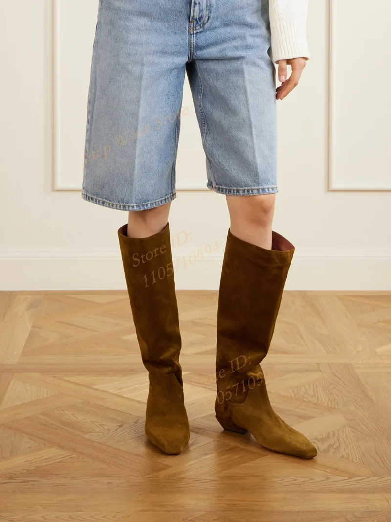Suede Knee Boots Cowboy Styles Low Heel Slip On Runway 2026 Winter Autumn Women Dress Shoes Handmade Black Hot Sale Shoes