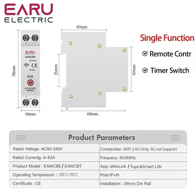 Tuya eWeLink WiFi Smart Circuit Breaker MCB 1P 63A Power Energy kWh Voltage Current Meter Protector Voice Remote Control Switch