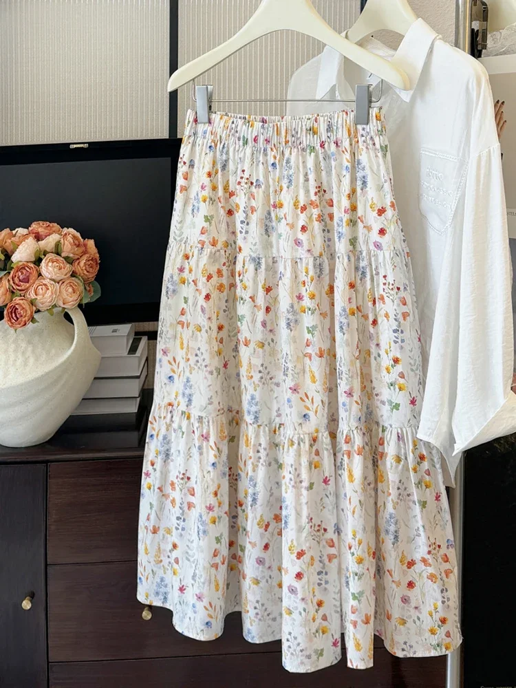 

Spring Summer New Women Floral Printed Skirts Casual Versatile Long Skirts Fashion Elastic Waist Female Loose Cake Skirt
