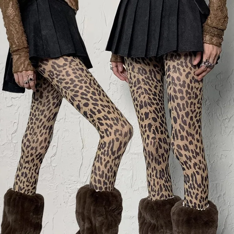 

Sexy Retro Yellow Leopard Print Tights Retro Subculture High Waist Pantyhos Hottie Personality Thigh Highs for Spring Summer