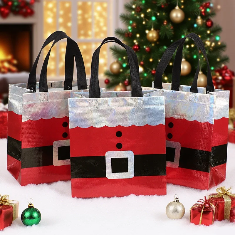 10pcs Christmas Non-woven Tote Bags Eco-Friendly Reusable Shopping Bags Laser Santa Claus Printed Gift Packaging Bags