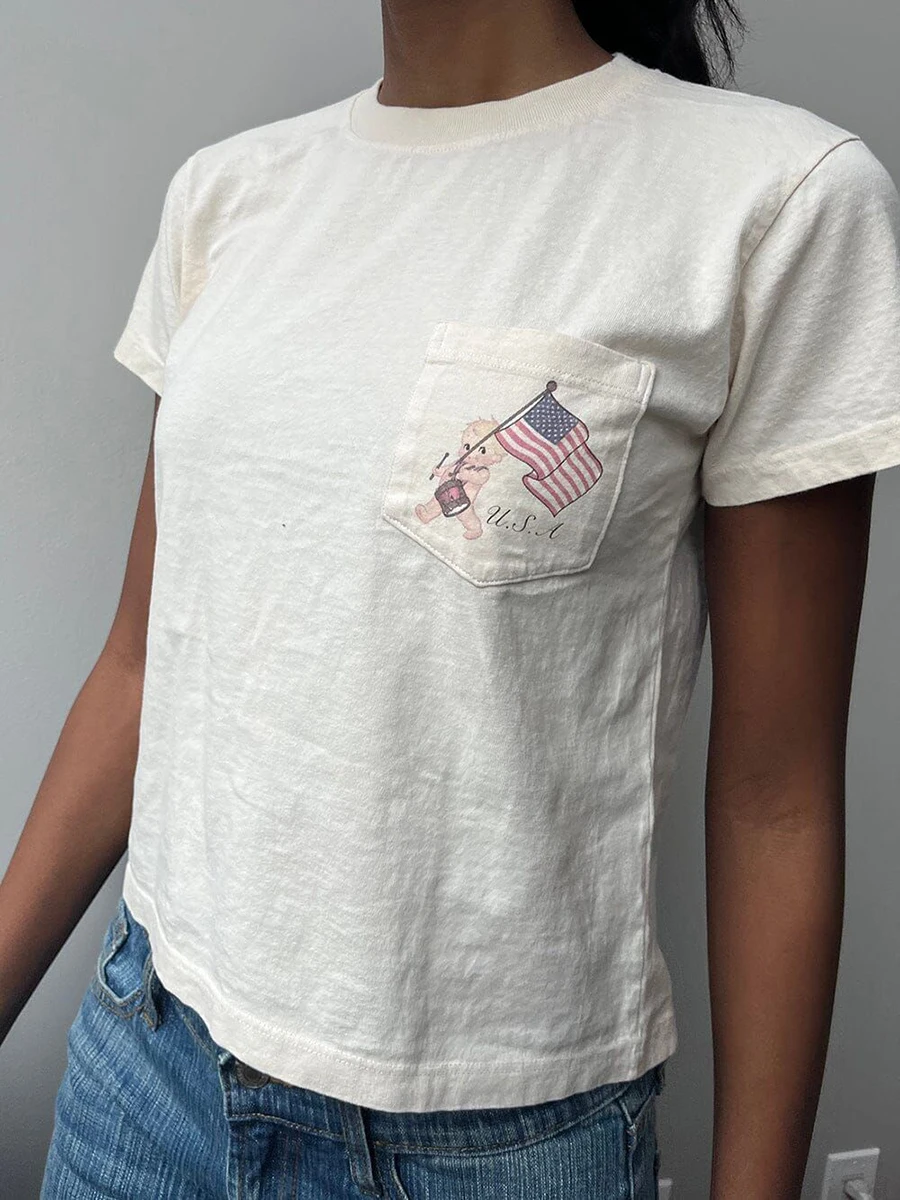 Baby with Flag Pocket T-Shirt Woman Summer O-Neck Short Sleeve Cotton White Top Casual Streetwear American Vintage y2k Tops