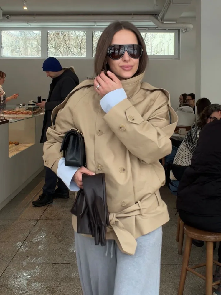 HH Fashion Women Solid Short High Neck Windbreaker Double-Breasted Belt Decoration 2026 Jacket Woman Casual Street Style Coat