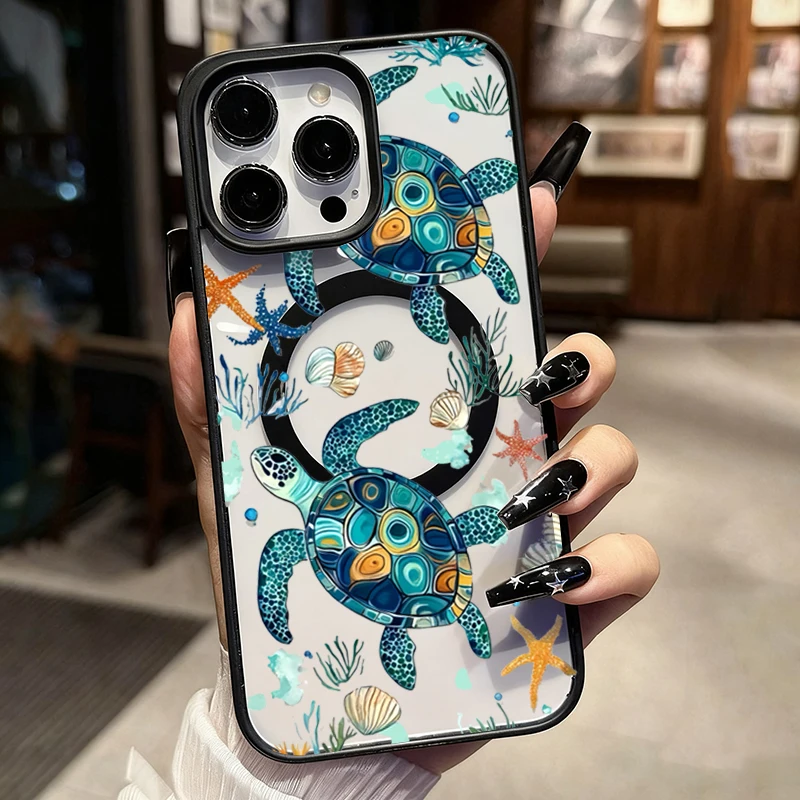 Marine Life Design Turtle Pattern Magnetic Phone Case for Samsung Galaxy S26 S25 S24 S23 Ultra Plus FE S26+ Clear Hard Cover