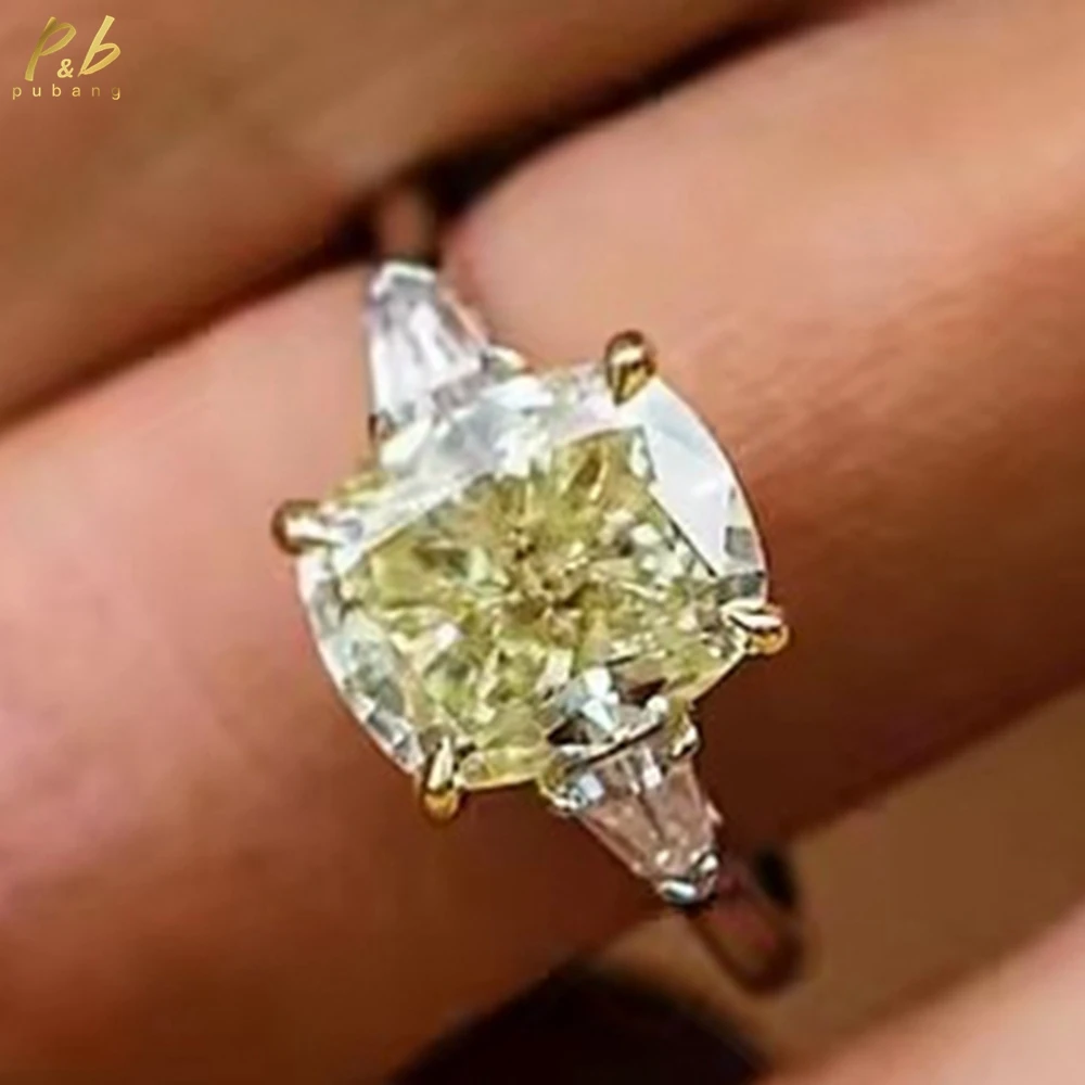 

PuBang 3EX VVS1 4.5 Carat Center Crushed Ice Cushion Vivid Canary Moissanite Diamond Gems 18K Yellow Gold Setting Ring for Woman
