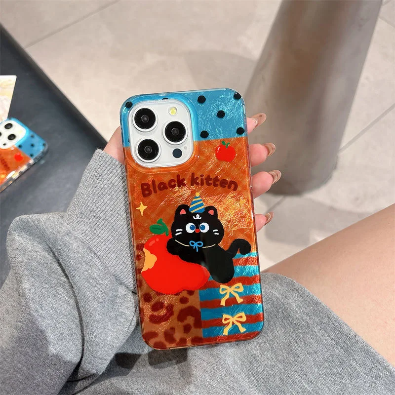 Cartoon Cute Leopard Cat Phone Case For IPhone 16 15 14 Plus 13 12 11 Pro Max X Xs XR 8 7 Feather Texture Hard Cover