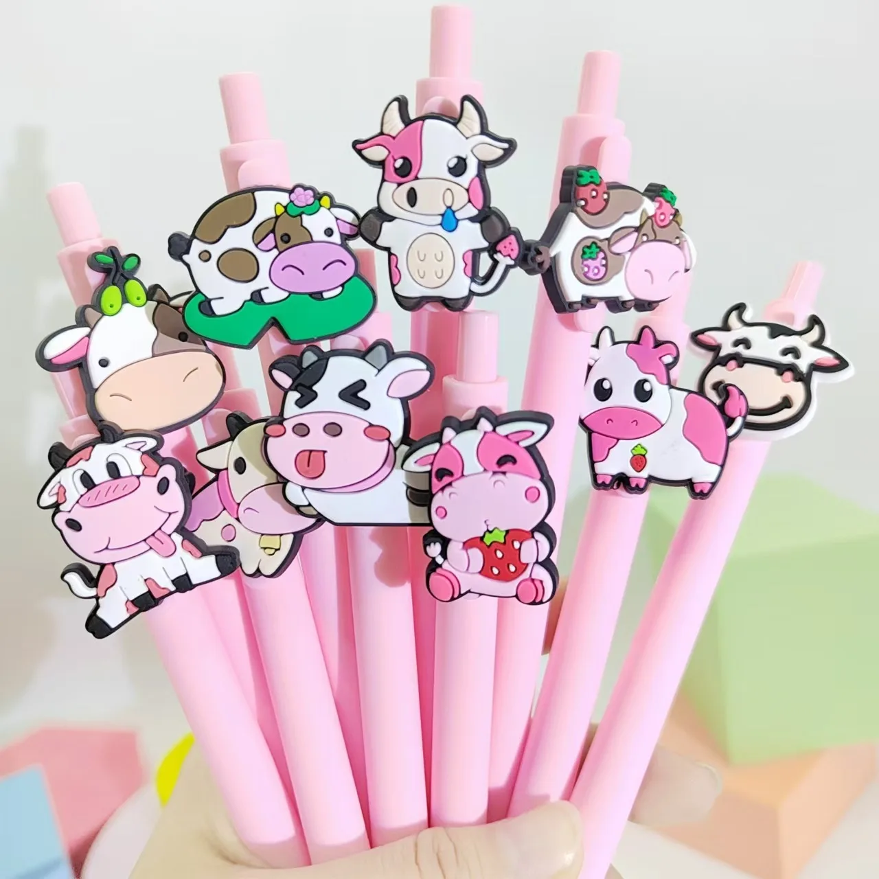 2025 Hot Selling Leuke Ranch Koe Styling Druk Pen Hoge Schoonheid Roze Stier Patch Balpen Briefpapier Nieuwjaar Cadeau