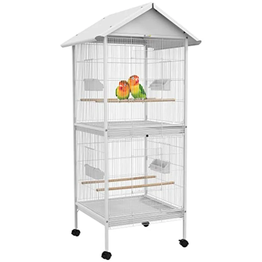 

Wrought Metal Bird Cage Feeder with Rolling Stand Perches Food Containers Doors Wheels 67 H White