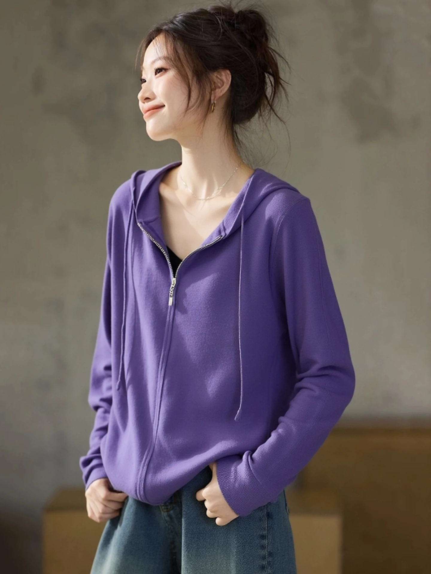 تخفيف متعدد الاستخدامات لون نقي طويل Sve Camere تريكو مقنعين سستة تصميم شتاء جديد Sle تصميم صغير كرو الشعور