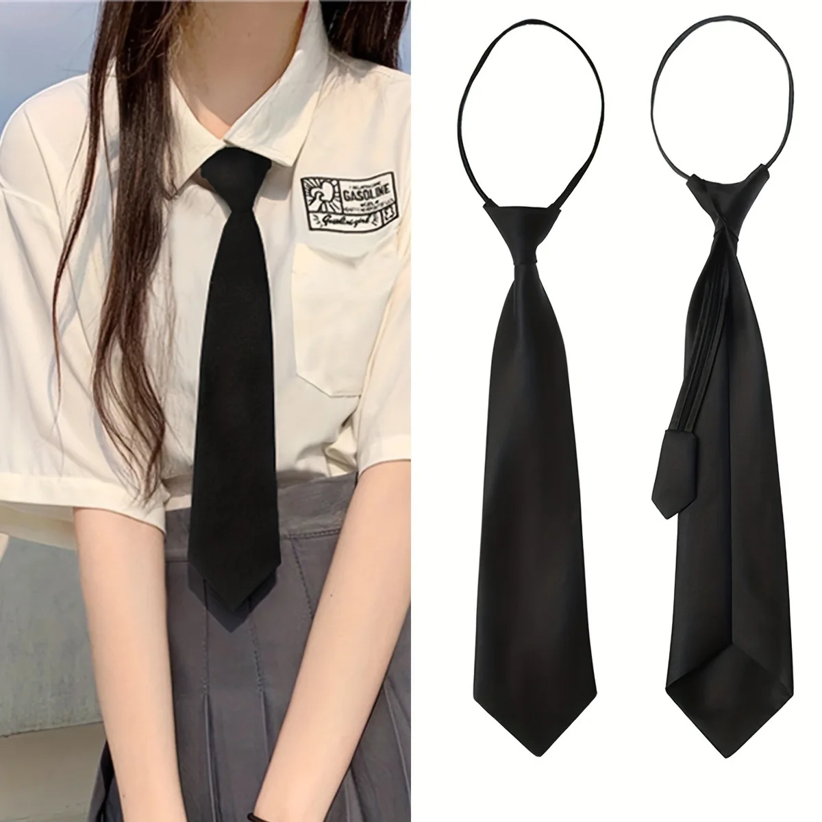 Black Pullover Tie Minimalist Satin Long Shirt Matching Tie Casual Uniform Suit Lazy Tie Stylish Ladies Daily Tie