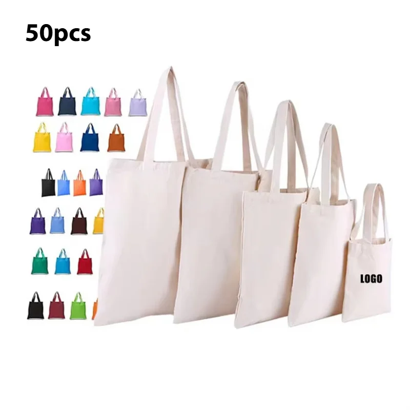 

Custom Canvas 50pcs Economical Cotton Tote Bag Lightweight Reusable Grocery Canvas Cloth Bags For DIY Advertising Promotion Gift
