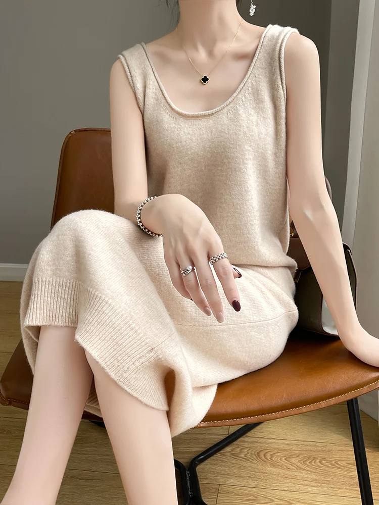

Women's 100% Merino Wool O-Neck Simple Style Autumn Winter Cashmere Basic Comfy Bottom Knitted Sleeveless Sweater Long Dress