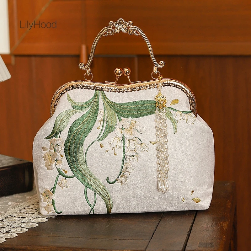 Women Vintage Floral Embroidery Pearl Fringed Kisslock Handbag Retro Chic Luxury Designer Medium Size Evening Shoulder Side Bag