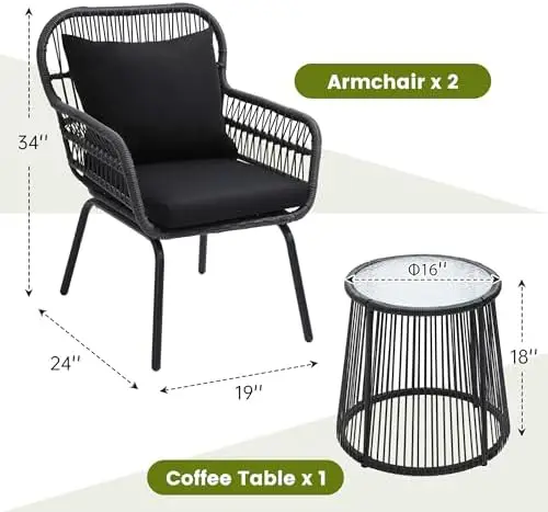 3-Piece Rattan Wicker Bistro Set, Outdoor Conversation Set with Glass Top Table, Black