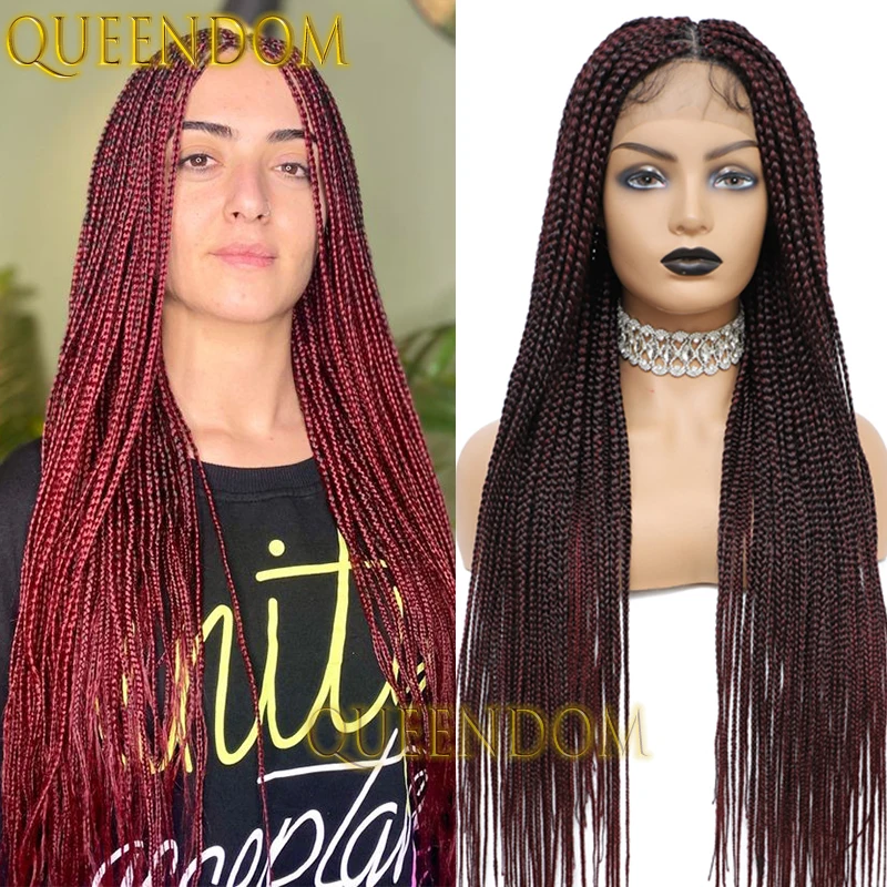 

36 Inch Synthetic Crochet Braid Wig Full Lace Ombre Burgundy Box Braided Wig for Black Women Knotless Cornrow Plaits Braids Wig
