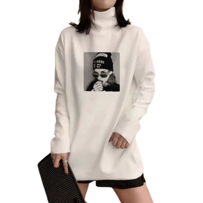 

Women's Autumn and Winter Fashion Simplicity Printing Turtleneck Long Sleeve T-Shirt Women Clothes All-match Loose Casual Tops