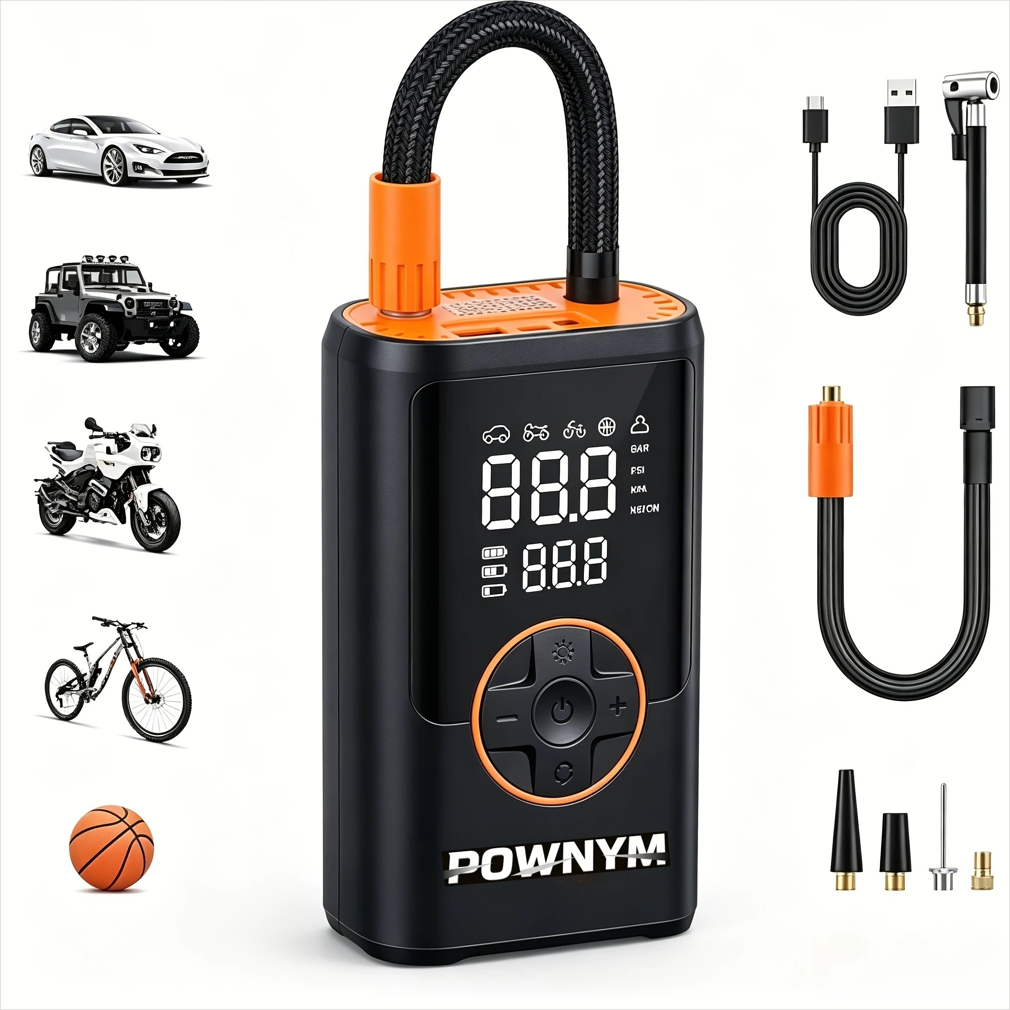 POWNYM Wireless Tire Inflator Air Compressor, Portable 2-in-1 Jump Starter with Digital Pressure Gauge, LED Light & Multi Nozzles for Car Motorcycle Bike Sports Balls