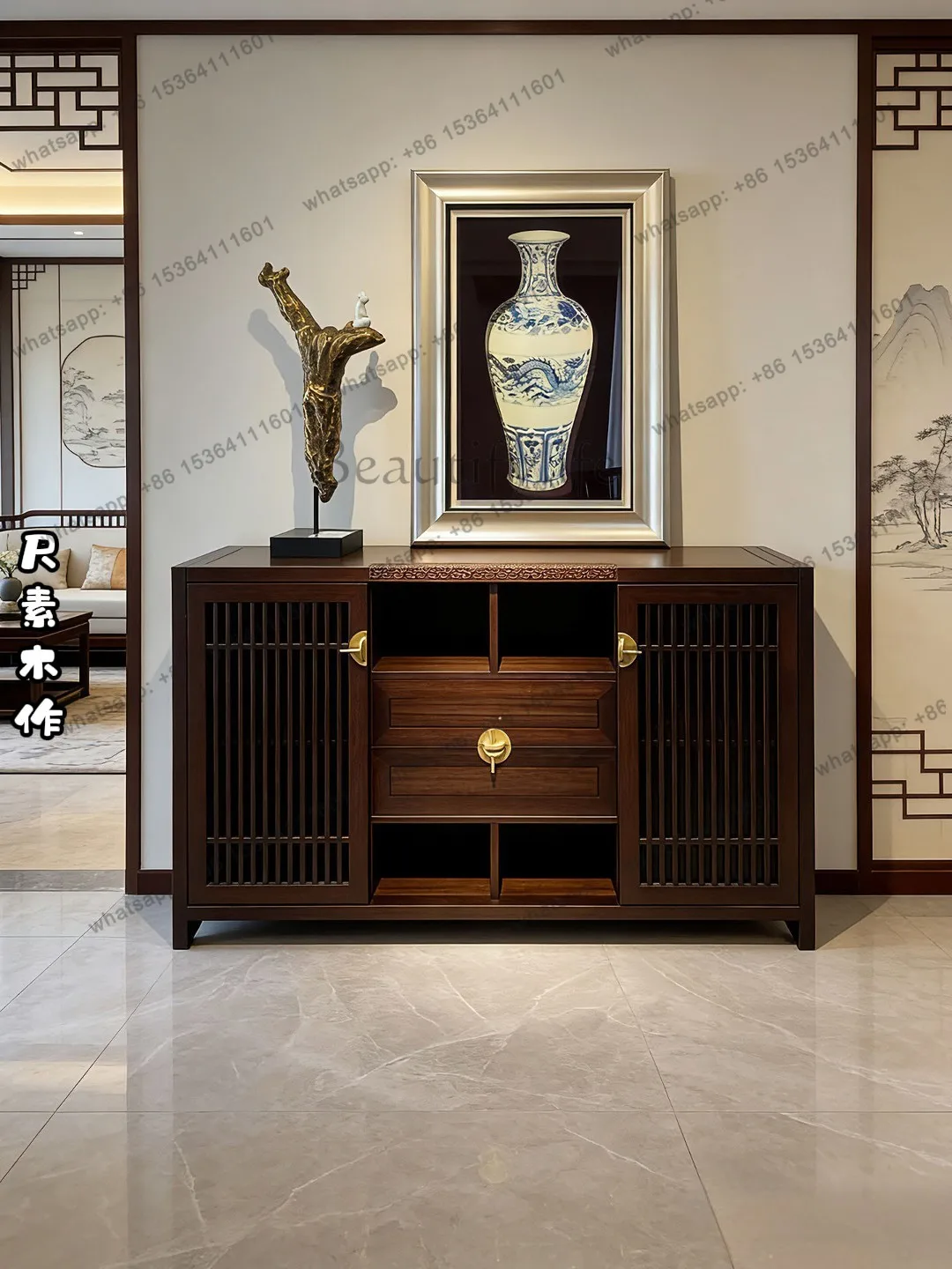 New Chinese black gold wood sideboard Song style aesthetic double door two-drawer entrance cabinet