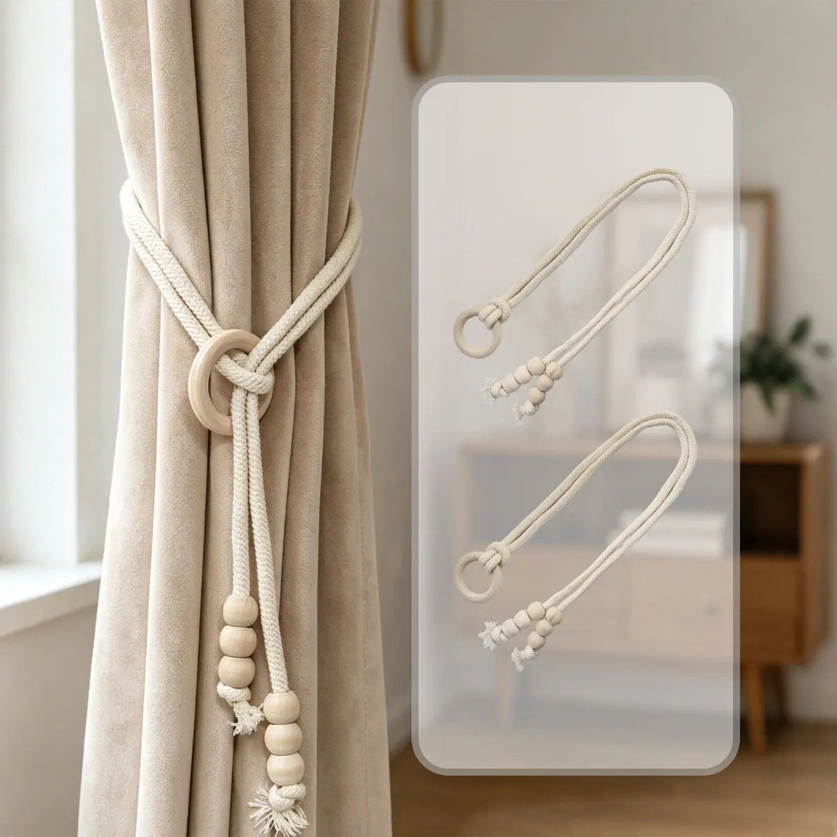 2pcs Boho Wood Ring Curtain Tiebacks, Cotton Braided Holdbacks for Nordic Home Decor