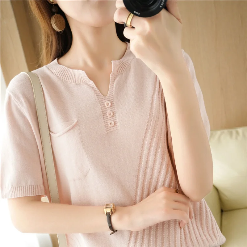 T-shirt Women\'s summer new 100% cotton pullover short sleeve loose knit V-neck top casual Korean fashion solid color short sleev