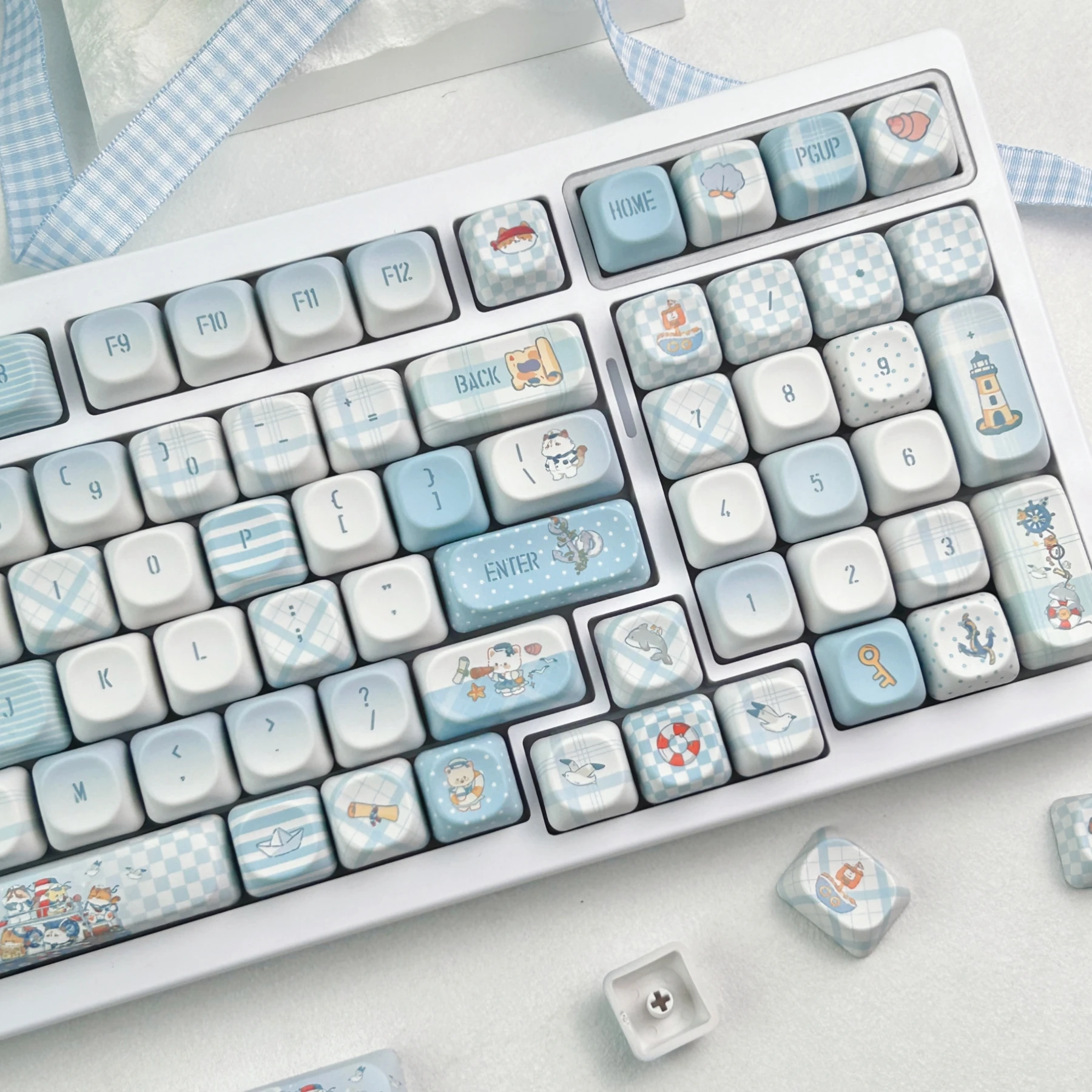 MAIMOOO Kawaii Sailing Cat MOA Keycap PBT Custom Blue White Ocean Style Cartoon Cute Kitten Keyboard Keycaps Korean Russian Thai