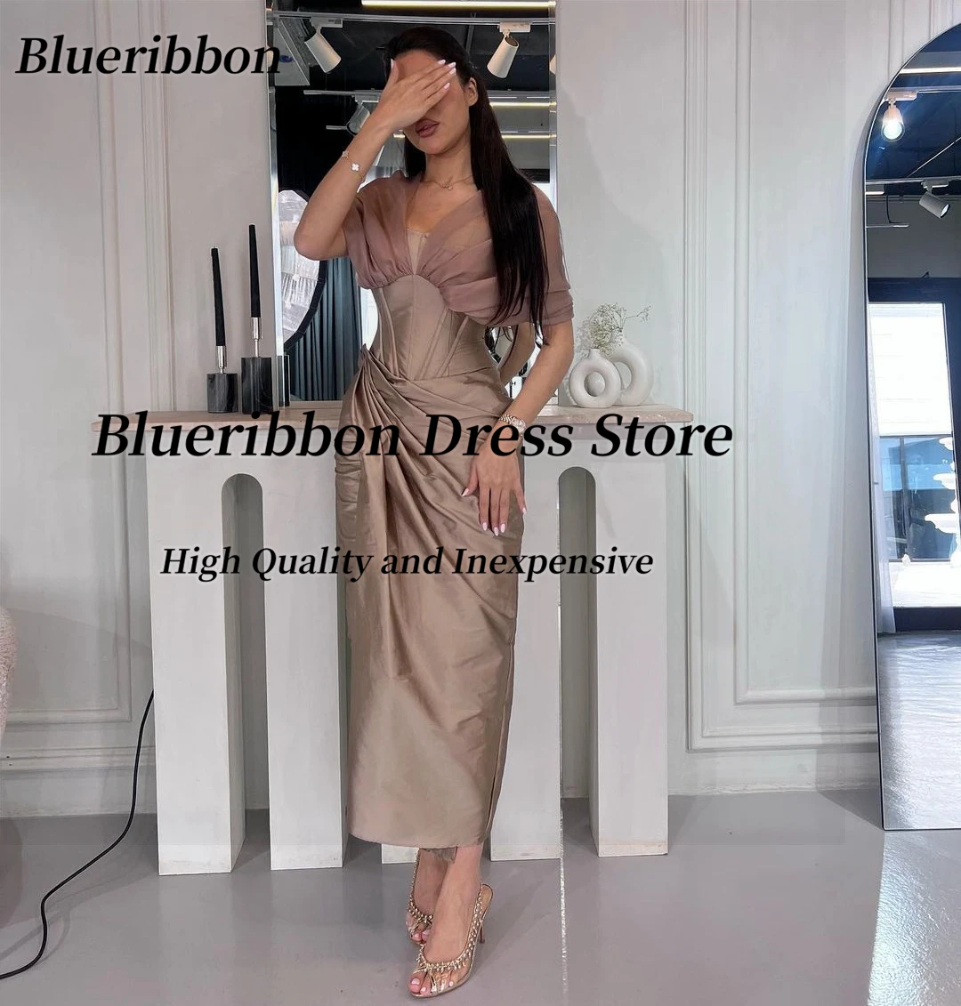 Blueribbon Holiday Party Ankle Length Prom Dresses Off Shoulder Zipper Back Evening Gowns Ruched Vestidos De Noche Saudi Women