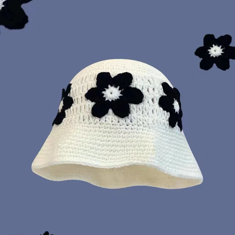 2024 Spring New Crochet Hat Korean Handmade Bucket Hat Women\'s Weaving Knitted Hat Y2k Fashion Flowers Autumn Winter Ins Beanies