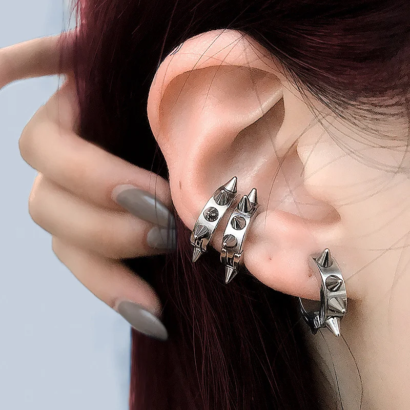 1 Pair/3 Pairs Men Women Punk Cool Stainless Steel Goth Rivet Awl Spike Huggie Piercing Hoop Earrings