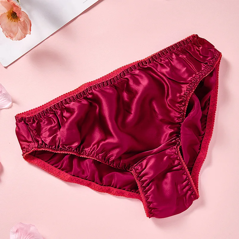 Women\'s Silk Panties Simple Little Bow Solid Color Silk Briefs Comfortable Breathable 100% Silk