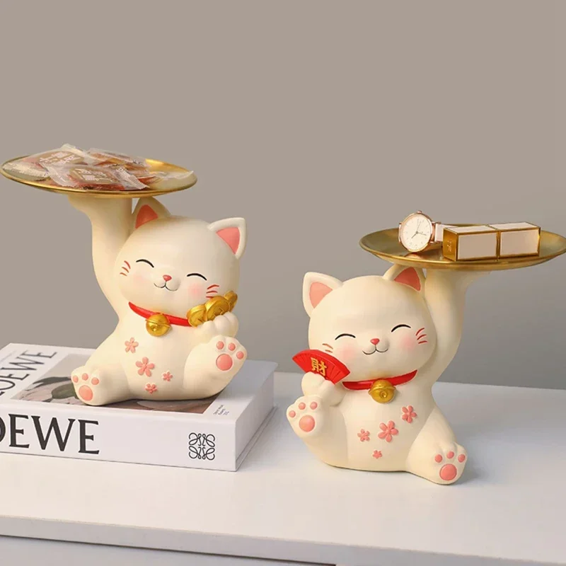 Bamboo Storage Shelf Resin Maneki Neko Lucky Cat Ornament Hanging Tray Key Holder Hooks For Entryway Decoration