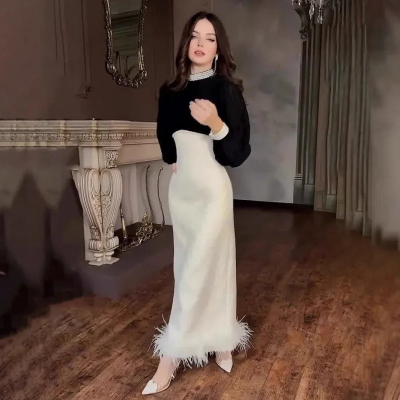 

2025Elegant Socialite Hepburn Style Pearl Collar High-End Slim Fit Furry Dress