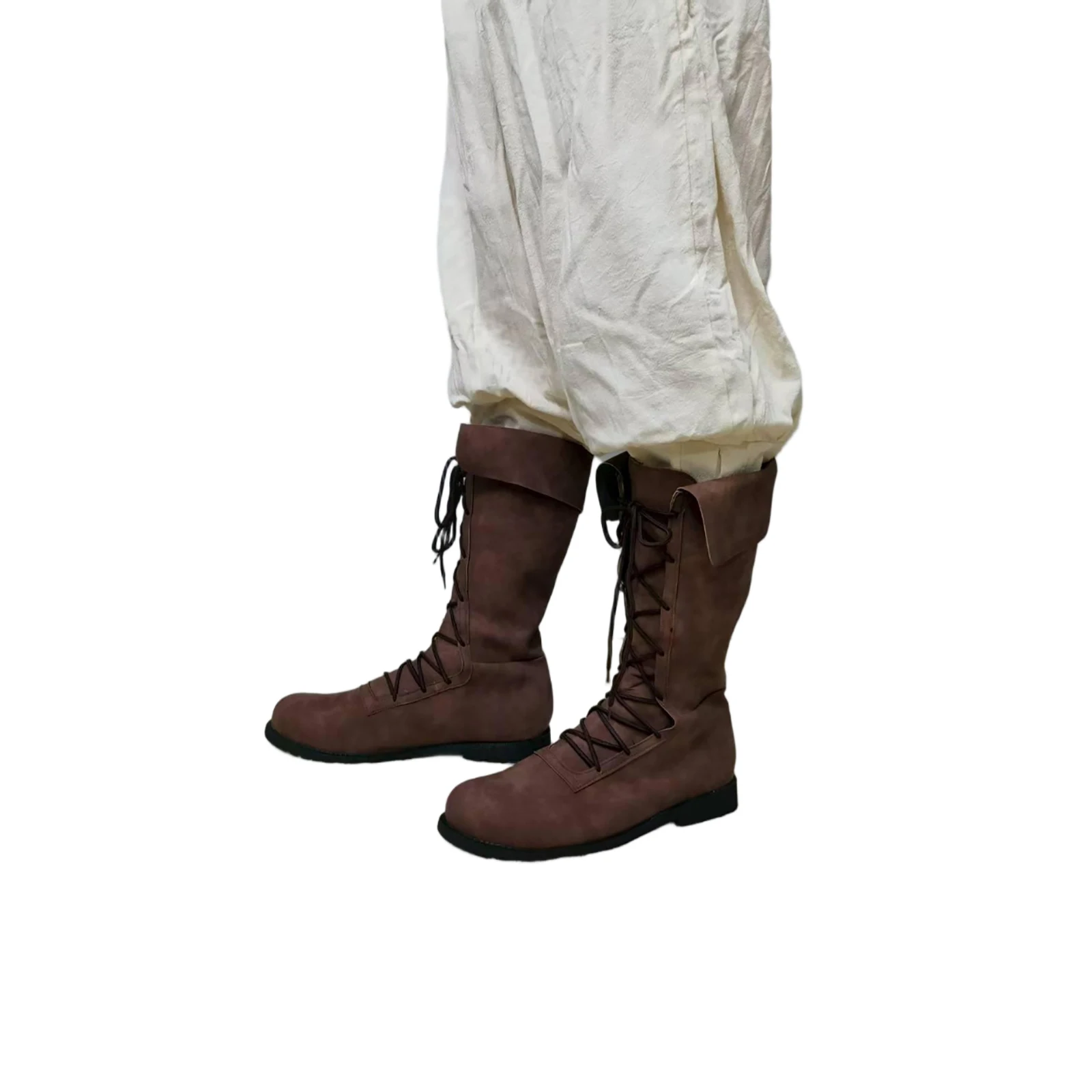 Bottes hautes médiévales capitaine Pirate chaussures en cuir hommes à lacets Vikings accessoire de Costume Halloween mousquetaire chaussures pour adulte