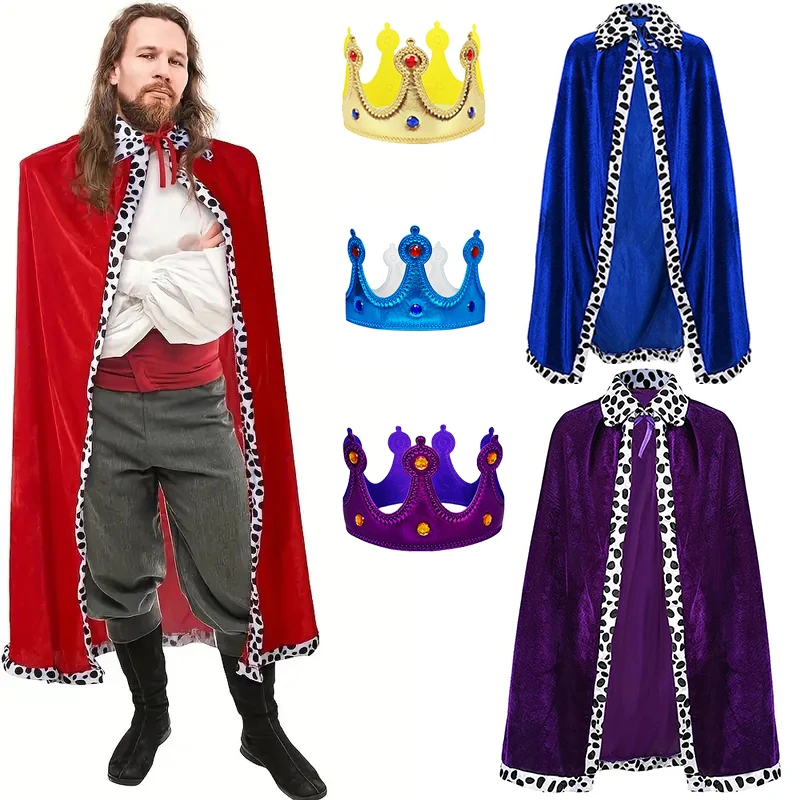 Disfraz de Rey con Capa Roja, Azul y Morada, Corona, Túnica de Príncipe, Capa de Terciopelo, Accesorio para Fiesta de Cumpleaños