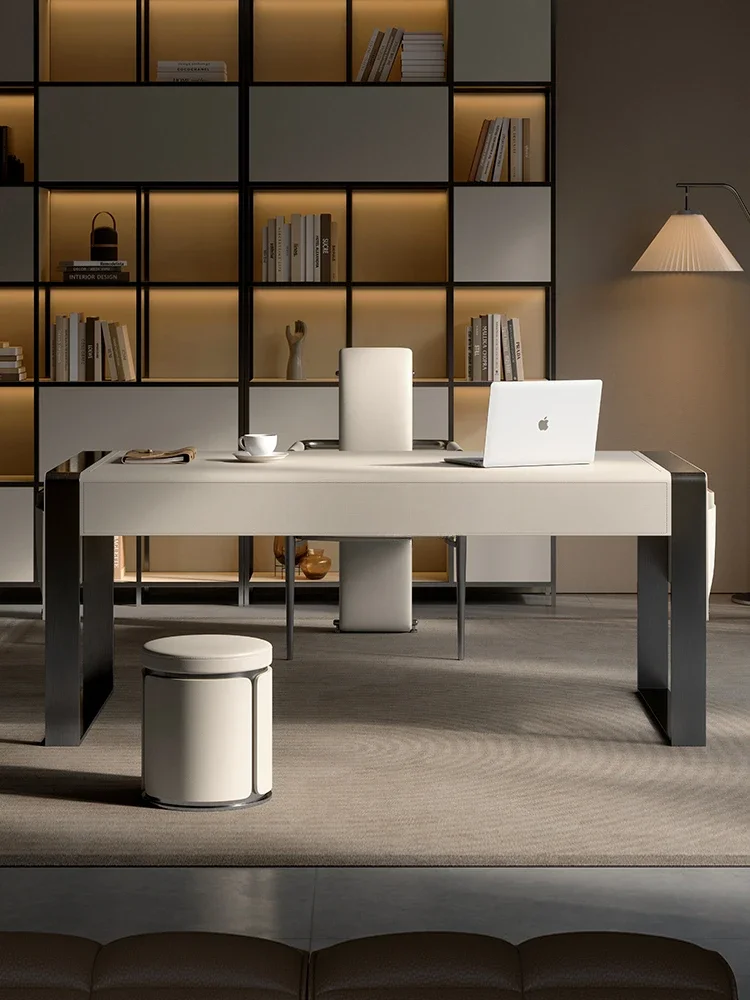 Saddle Leather Desk Home Study and Bedroom Writing Desk Computer Desk