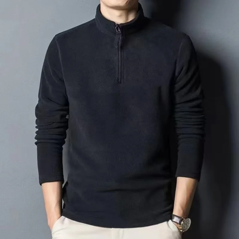 2025 Autumn Winter Men New Warm Polo Shirts Men's Lamb Wool Sweatshirt Standing Neck Half Zip Long Sleeve  Fashion Tees Tops