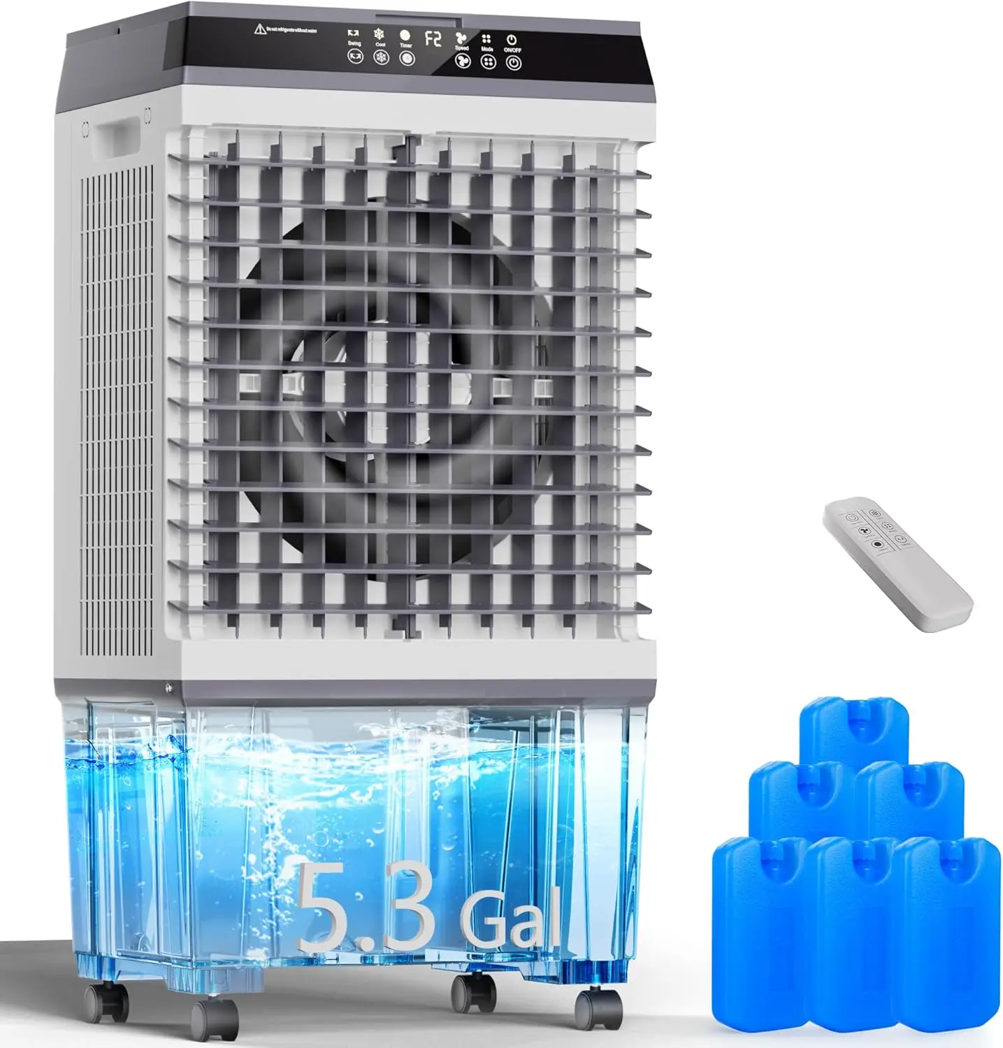 

Многофункциональный испарительный охладитель воздуха 3-в-1 с баком на 5,3 галлона, пультом ДУ, таймером и функцией осцилляции для дома, офиса, спальни