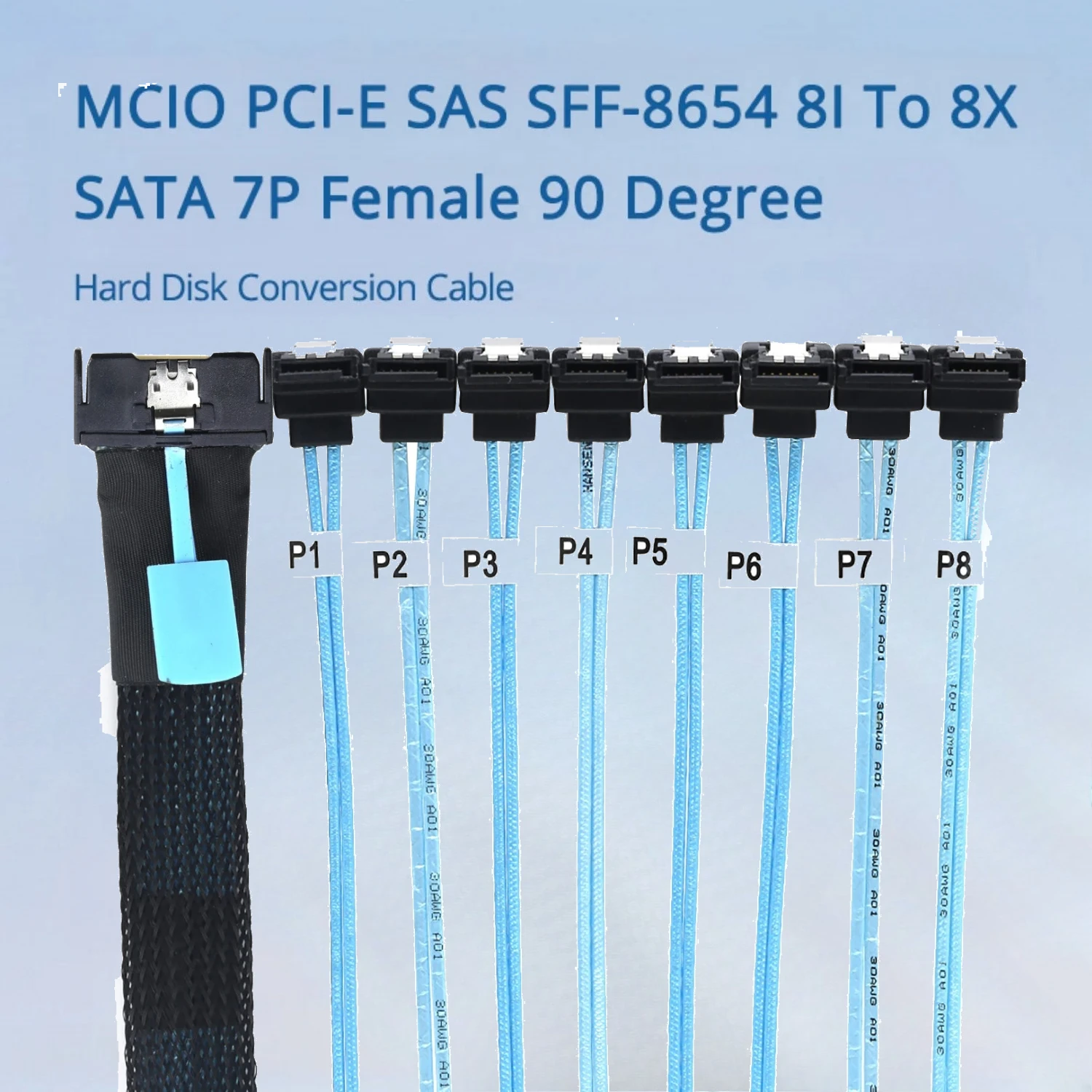 

0.5M 0.8M 1M MCIO PCI-E SAS SFF-8654 8I To 8 X SATA 7P Female 90 Right Angle Hard Disk Converter Cable Wire Slimline 5.0 SAS 5.0