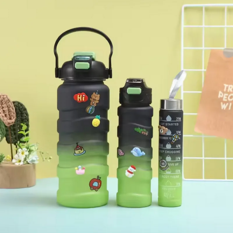 Large Capacity Sports Water Bottle Gradient 3PCS Creative Threaded Straw Cup Outdoor Convenient Portable Big Belly Water Cup