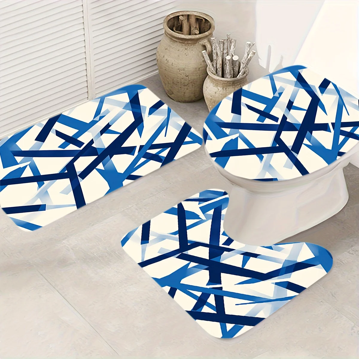 

Blue White Abstract 3pc Bath Set – Geometric Line Design, Flannel Toilet Cover, U Mat & Floor Rug, Soft Non-Slip Decor