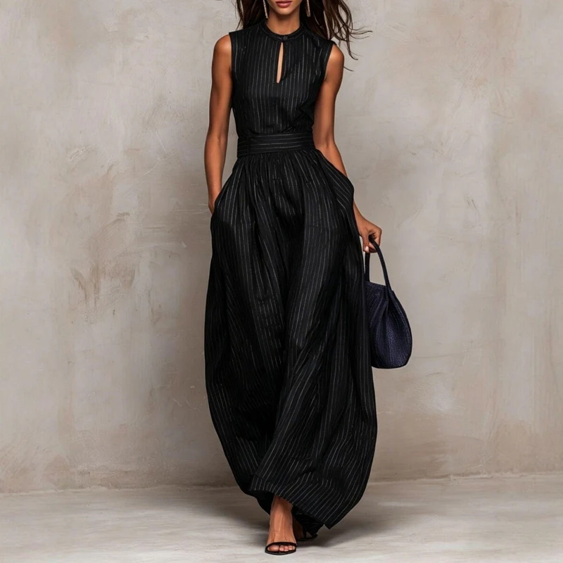 

Summer New Wide Leg Pocket Commute Playsuits Overalls Vintage Sleeveless Hollow Out Jumpsuits Elegant Lady Stripe Printed Romper