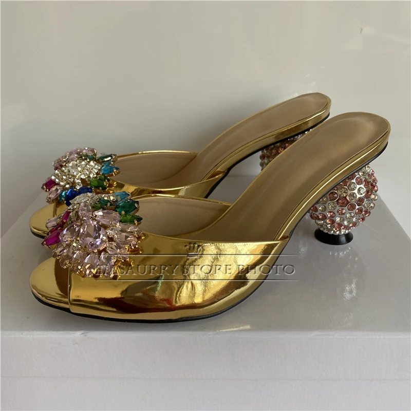 Colorful Rhinestone Buckle Modern Sandals Women Diamond Crystal Spherical Heel Luxury Patent Leather Slingbacks Summer Mules