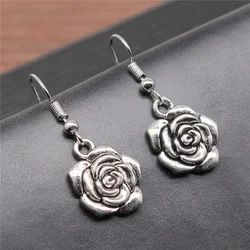 Fashion Handmade Simple Design Antique Silver Color Rose Pendant Earrings Women Vintage Drop Earrings